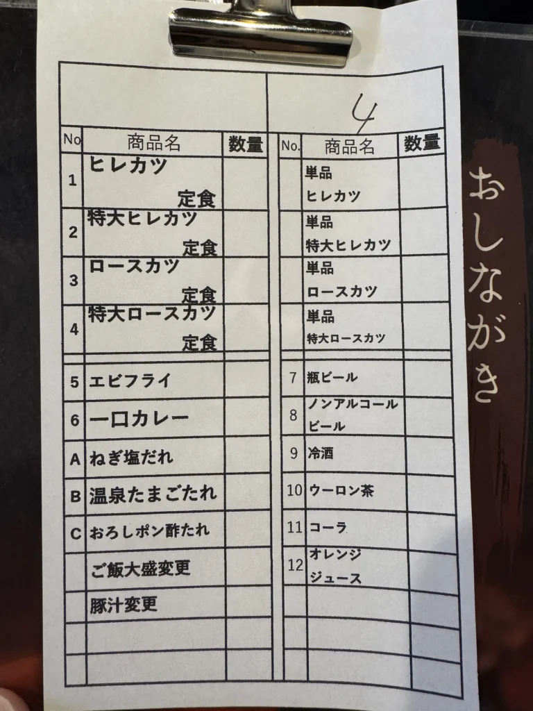 越後湯澤的豬排店「越後とんかつ人参亭」點單表,列出腰內肉、腰肉、特大炸豬排、炸蝦、咖哩等品項,供客人勾選。