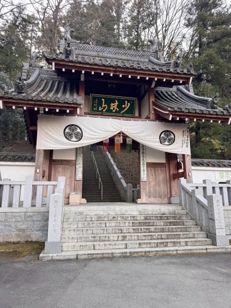 群馬高崎少林山達摩寺山門與石階,傳統木造屋頂與白色門簾