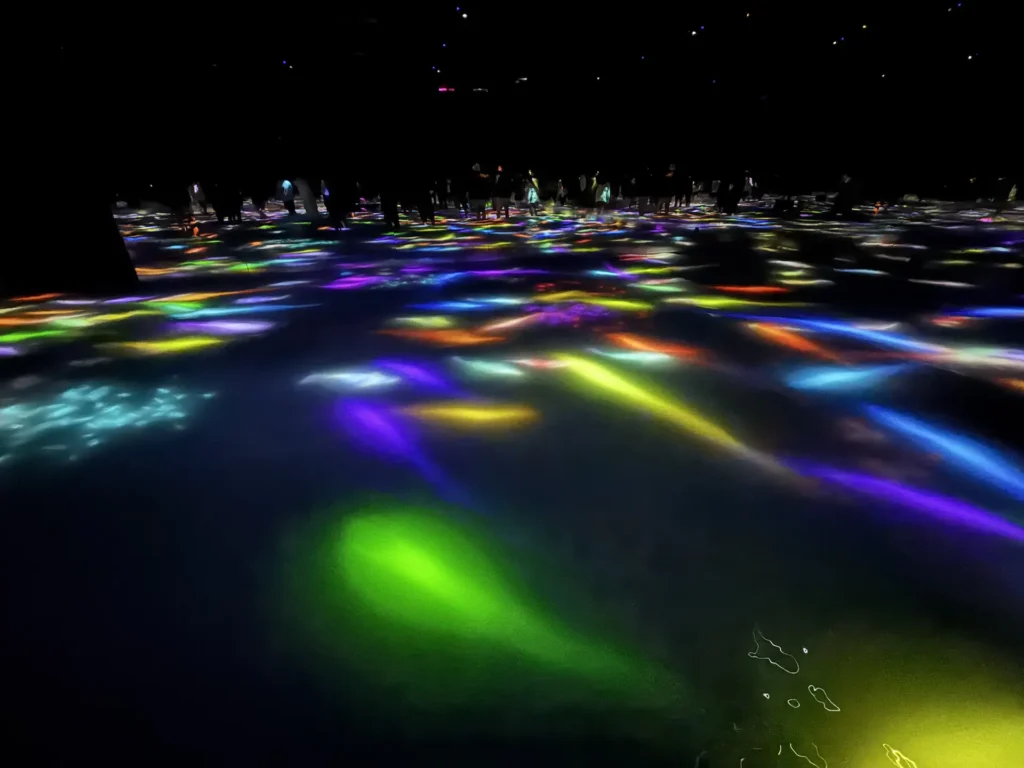 teamLab 黑暗展間地面投影彩色光點與魚群般的光影,遠處有大量觀眾