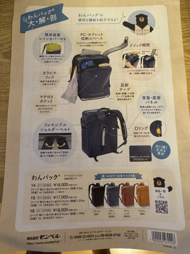 montbell書包功能大解剖傳單,標示雨罩、平板空間、快速開關、反光條與 D 環位置
