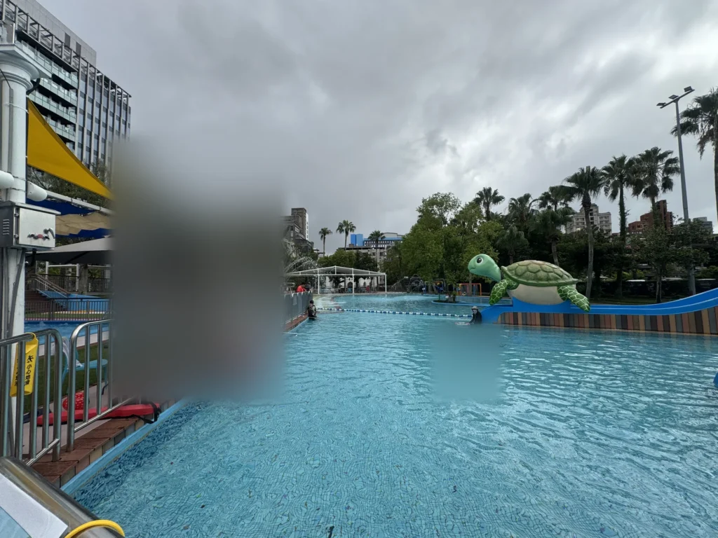 親水樂園的長型泳池與海龜