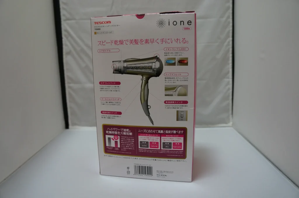TESCOM ione TID950 外盒背面功能說明,1300W、風量 3 段、風溫切換