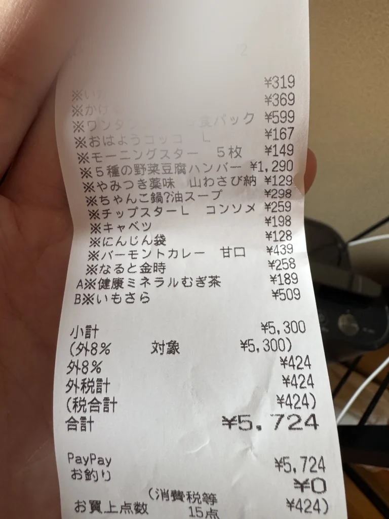 超市的收據,15 樣東西一共 5724 日幣