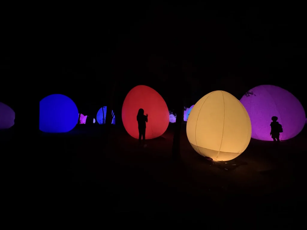 teamLab Botanical Garden Osaka 的發光大球，在黑暗中變換顏色