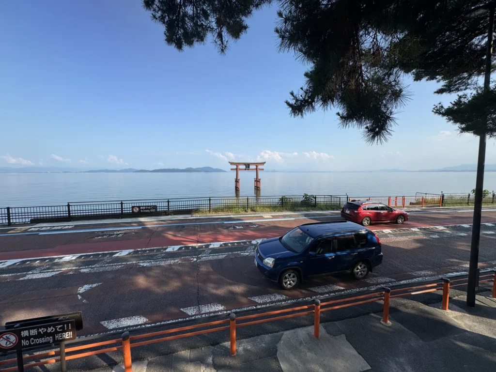 白鬚神社湖中大鳥居，前面國道 161 號有禁止橫越的告示