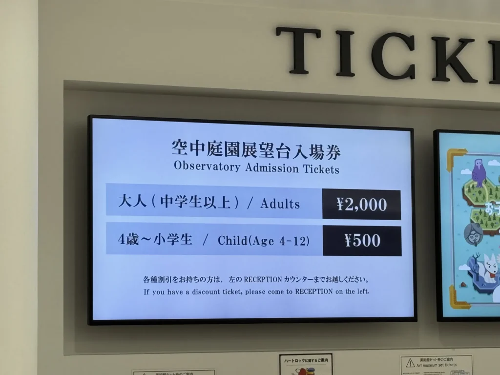 梅田藍天大廈空中庭園展望台的票價看板，大人 2000 日幣、4 歲到小學生 500 日幣