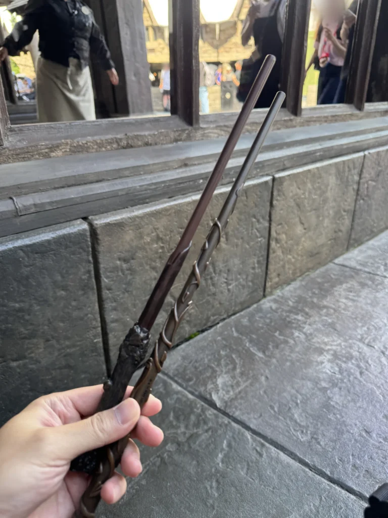 手上拿著剛買的魔杖，背景是活米村的石板路
